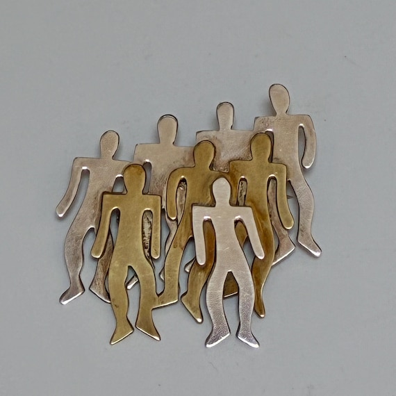 Artist Stamped Modernist Sterling & Brass Brooch with Human Figures