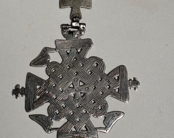 Large Handmade Vintage Ethiopian Coptic Silver Cross W/ Birds
