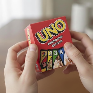 Puede incluir: Una caja roja del juego de cartas UNO Friendship Edition sostenida en dos manos. La caja presenta la palabra "UNO" en amarillo y negro, con las palabras "Friendship Edition" debajo. La parte inferior de la caja muestra im&aacute;genes de cartas.