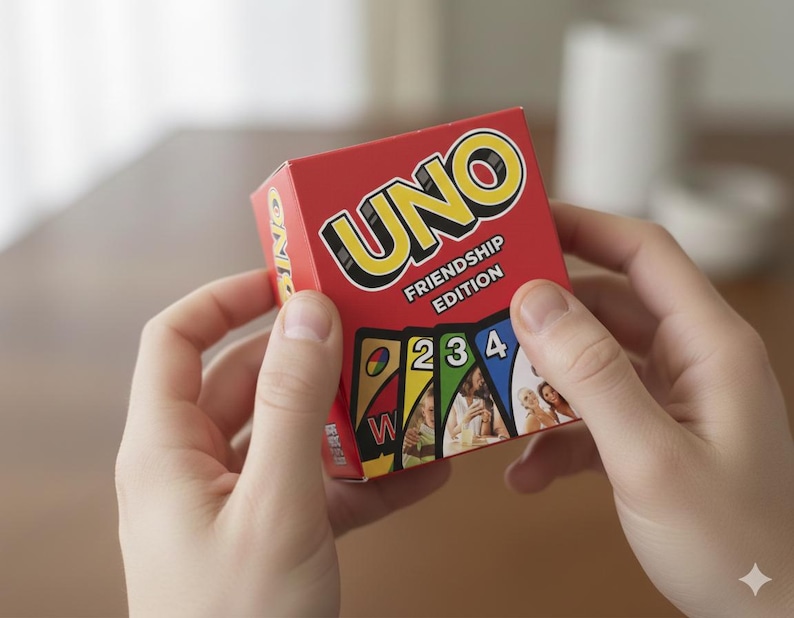 Puede incluir: Una caja roja del juego de cartas UNO Friendship Edition sostenida en dos manos. La caja presenta la palabra "UNO" en amarillo y negro, con las palabras "Friendship Edition" debajo. La parte inferior de la caja muestra im&aacute;genes de cartas.