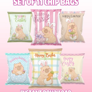 May include: Set of 11 Easter-themed chip bags. Each bag features a cute bear character with bunny ears, holding Easter eggs, carrots, and flowers. The bags have pastel colors and the text "Happy Easter!" and "Instant Download".