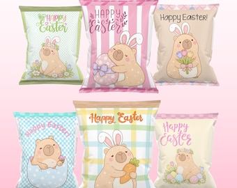 Printbare paaszakjes voor chips | 11 Capybara snackwikkels | A4 PDF feestcadeautjes | Direct te downloaden paaszakjes