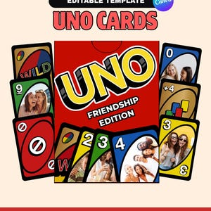 Może przedstawiać: Czerwone pudełko do gry w karty UNO z napisem "UNO FRIENDSHIP EDITION" i kilkoma rozłożonymi kartami. Karty zawierają liczby, kolory i zdjęcia ludzi. Widoczne są również słowa "EDITABLE TEMPLATE" i "UNO CARDS".