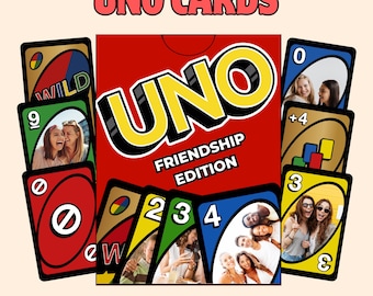 Bewerkbare UNO-kaartensjabloon in Canva | Aangepaste UNO-spelsjablonen om af te drukken | Gepersonaliseerde cadeaukaarten + doos | Je kunt kleuren, teksten en foto's aanpassen