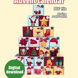 Puede incluir: Un calendario de adviento con temática navideña, con cajas numeradas dispuestas en forma de árbol. Cada caja presenta una ilustración festiva, incluyendo a Papá Noel, un muñeco de nieve y un árbol de Navidad. El texto "Advent calendar" y "Digital download" son visibles.