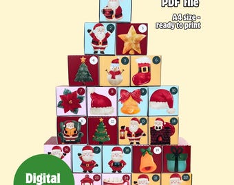 Afdrukbare adventskalender boxset – DIY kerst aftelkalender PDF, adventskalender om af te drukken, te knippen en in elkaar te zetten, vakantiegeschenkdozen