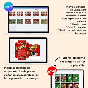Puede incluir: Una plantilla digital para un juego de cartas Uno, que se muestra en una computadora port&aacute;til y una tableta. La imagen muestra el dise&ntilde;o de la tarjeta, el embalaje y las instrucciones. El texto incluye "Canva" y "Bonus".