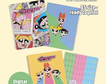 A5-notitieboekomslagen – Powerpuff Girls | Afdrukbare gelinieerde pagina's | Voor- en achterkant | Digitale download | Zelfgemaakte spiraalnotitieboeken