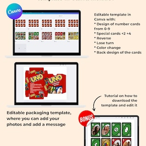 Puede incluir: Imagen que muestra una plantilla de Canva editable para cartas y embalajes de UNO. La plantilla incluye dise&ntilde;os para cartas num&eacute;ricas, cartas especiales, reversa, perder turno y cambio de color. La plantilla de embalaje permite la personalizaci&oacute;n de fotos y mensajes.
