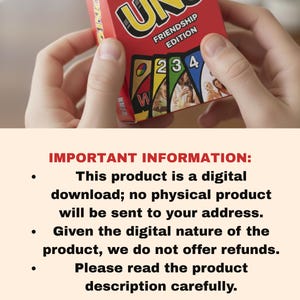 Puede incluir: Una caja roja del juego de cartas UNO Friendship Edition sostenida por manos. La caja presenta el logotipo de UNO en amarillo y las palabras "Friendship Edition". Las cartas muestran los n&uacute;meros 2, 3 y 4, y la letra W. La imagen tambi&eacute;n incluye informaci&oacute;n importante sobre el producto.