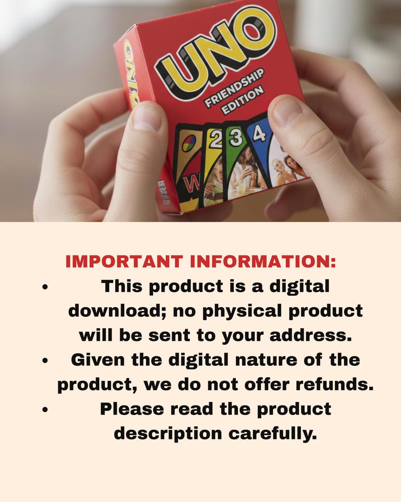 Puede incluir: Una caja roja del juego de cartas UNO Friendship Edition sostenida por manos. La caja presenta el logotipo de UNO en amarillo y las palabras "Friendship Edition". Las cartas muestran los n&uacute;meros 2, 3 y 4, y la letra W. La imagen tambi&eacute;n incluye informaci&oacute;n importante sobre el producto.