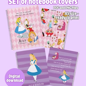 A5 Notebook Covers – Alice in Wonderland | Printable Lined Pages | Front & Back Covers | Digital Download | Spiral Notebook DIY