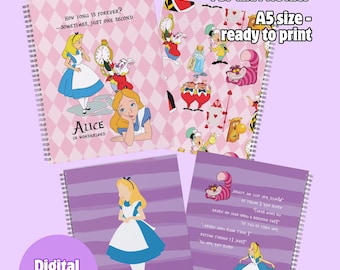 A5-notitieboekomslagen – Alice in Wonderland | Afdrukbare gelinieerde pagina's | Voor- en achterkant | Digitale download | Zelfgemaakte spiraalnotitieboeken