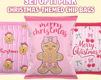 Kerstchipzakken inpakpapier / Kerstfeestgunst / Direct downloaden / Kerstavond geschenkdoos / Roze Kerstmis / Klaar om af te drukken