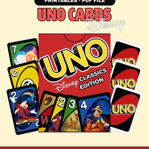 Disney Classic UNO Cards – Printable Game | Disney Classics Edition | Letter-sized PDF file with box and cards (front and back)