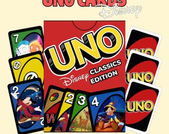 Disney Classic UNO-kaarten – Afdrukbaar spel | Disney Classics-editie | PDF-bestand op briefformaat met doos en kaarten (voor- en achterkant)