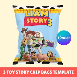 Puede incluir: Una bolsa de patatas fritas azul claro con personajes de Toy Story, con el texto "LIAM STORY 3" en amarillo y rojo. La bolsa tiene un borde amarillo y negro e incluye el logotipo de Canva.