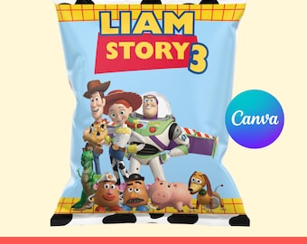 Bewerkbare chipszak met Toy Story-thema | A4-feestcadeautjes | Direct downloaden | Gepersonaliseerde chipszak | Canva-sjabloon - printbaar - digitaal