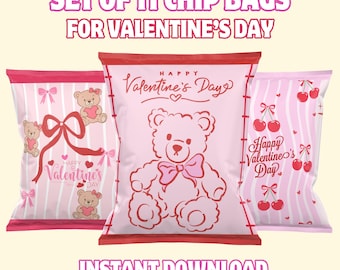 Printbare chipszakjes voor Valentijnsdag | 11 liefdessnackwikkels | A4 PDF feestcadeautjes | Direct te downloaden Valentijns traktatiezakjes