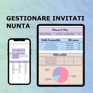 May include: A digital spreadsheet template for managing wedding guests. The template is displayed on a smartphone and tablet screen. The template includes sections for guest list, RSVP tracking, and event details. The template is titled "Gestionare Invitati Nunta" which translates to "Wedding Guest Management" in English.