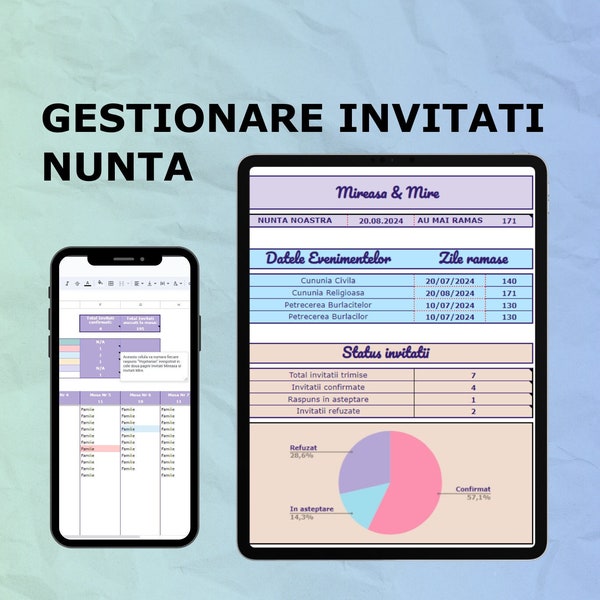 Gestionare Invitati Nunta - Status, Preferinte alimentare, Asezare la mese si Transport - 5 Pagini + Agenda Zilei Gratis