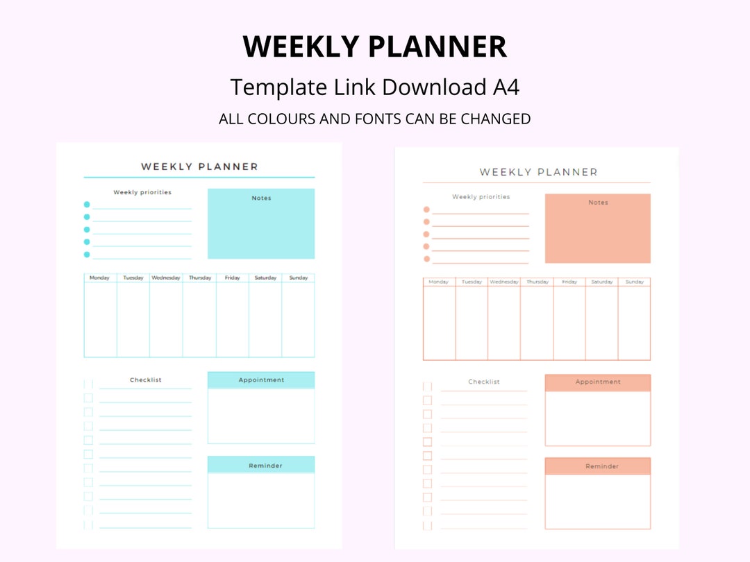 Weekly Planner Template With Notes, Weekdays, Appointments, Reminder