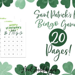 Tarjetas de bingo digitales de 20 páginas para el Día de San Patricio, imprimibles, con trébol de cuatro hojas verde
