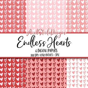 6 Endless Hearts Valentine's Day Digital Papers | Scrapbook Paper | Red and Pink Patterns | Commercial Use Backgrounds
