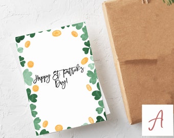 Printable and Downloadable Digital 5x7 Saint Patrick's Day Greeting Card green leaves all around and gold coins around them