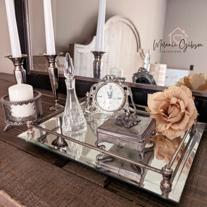 Vintage Mirrored Vanity Set: Silver Accents, Glass Perfume Bottle