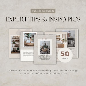 Op de afbeelding: Een gids met de titel "Not Just a Pretty Space: A Guide to Accentuating Your Home with Personality and Charm" met 50 pagina's vol tips voor interieurontwerp en inspirerende foto's.