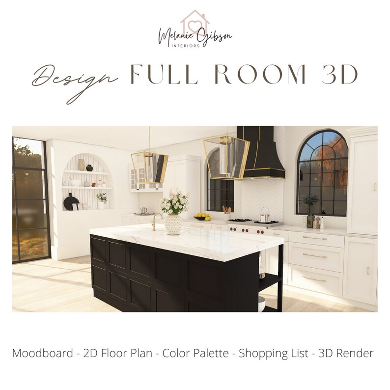 May include: A 3D rendering of a kitchen design with white cabinets, black countertops, and a black island with a white countertop. The kitchen features a black range hood with gold accents, two gold pendant lights, and a large arched window with a view of trees.