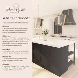 May include: A graphic showing what is included in a full room design package. The graphic includes a moodboard, 2D floor plan, color palette, shopping list, and 3D render. The graphic also includes a photo of a kitchen island with black cabinets and a white countertop.