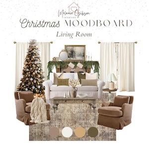 May include: Christmas living room mood board with a decorated Christmas tree, a white sofa, two brown armchairs, a coffee table, and a fireplace with greenery. The mood board includes a rug with a pattern of brown, white, and green.