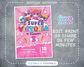 Printable Editable Super Kitty Invite, SuperKitty Birthday, SuperKitties Party invite template, Kitten Invitation Cute Invite