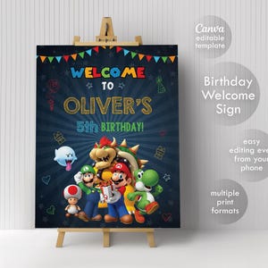 Mario Printable Willkommensschild Vorlage, Super Birthday Party Willkommen im Poster, Mario bros Boy Geburtstag, Luigi Mario, Geburtstagsdekoration