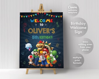 Mario Printable Welcome Sign template, Super Birthday Party Welcome in Poster, Mario bros Boy birthday, Luigi Mario, birthday decoration