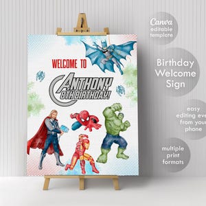 Avengers Printable Welcome Sign template, Superhero Birthday Party Welcome in Poster, Boy hulk, captain america, spiderman, iron man