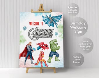 Avengers Printable Welcome Sign template, Superhero Birthday Party Welcome in Poster, Boy hulk, captain america, spiderman, iron man