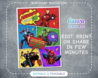 Printable Boy Birthday Invite, super hero Editable party Invitation, spiderman, hulk, captain america Invite template, avengers invitation