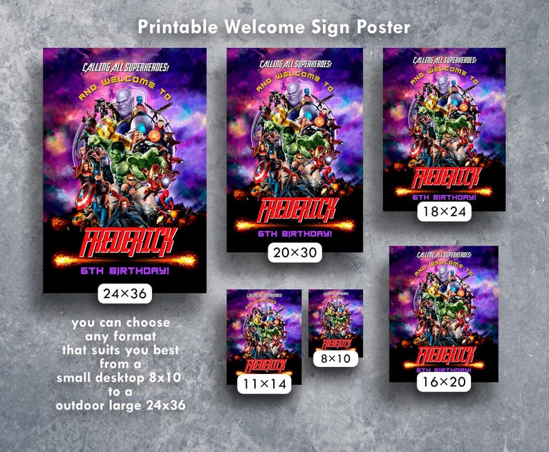 May include: Printable welcome sign poster featuring a superhero theme with a purple and black background. The poster says "Calling all superheroes and welcome to Frederick's 6th birthday!" and has a variety of superhero characters. The poster is available in multiple sizes, from 8x10 inches to 24x36 inches.