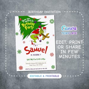 Dr. Seuss Geburtstagseinladung, druckbares Märchen einladen, bearbeitbare Grinch Party einladen Vorlage, grüner Junge Mädchen Geburtstag, Weihnachtsparty