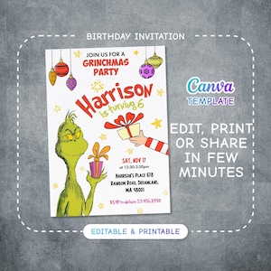 Dr. Seuss Geburtstagseinladung, druckbares Märchen einladen, bearbeitbare Grinch Party einladen Vorlage, grüner Junge Mädchen Geburtstag, Weihnachtsparty