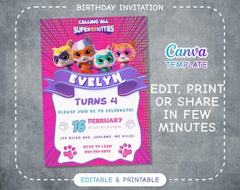 Printable Editable Super Kitty Invite, SuperKitty Birthday, SuperKitties Party invite template, Kitten Invitation Cute Invite