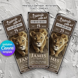 Invito di compleanno per il Re Leone Mufasa Simba, biglietto d'invito stampabile modificabile, modello di invito per festa al cinema, compleanno del ragazzo del cinema, primo secondo