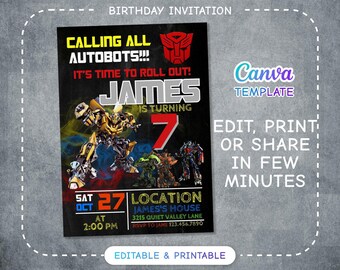 Printable Rescue Bots Birthday Invitation, Optimus Prime invite, Autobots party invitation, Bumblebee invitation, transformers party