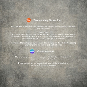May include: A text-based graphic with instructions on how to download a digital file purchased on Etsy. The graphic includes the Etsy and Canva logos. The text explains that the file will be available for download after Etsy Payments processes the transaction. It also explains that the file can be edited in Canva, and provides instructions on how to access the file and create a Canva account.