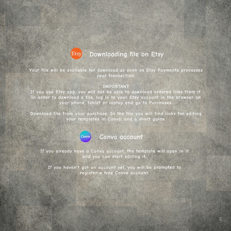 May include: A text-based graphic with instructions on how to download a digital file purchased on Etsy. The graphic includes the Etsy and Canva logos. The text explains that the file will be available for download after Etsy Payments processes the transaction. It also explains that the file can be edited in Canva, and provides instructions on how to access the file and create a Canva account.