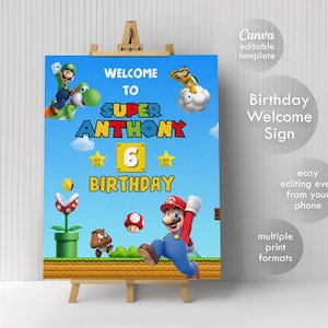 Mario Printable Willkommensschild Vorlage, Super Birthday Party Willkommen im Poster, Mario bros Boy Geburtstag, Luigi Mario, Geburtstagsdekoration