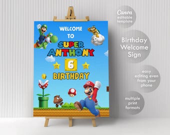 Mario Printable Welcome Sign template, Super Birthday Party Welcome in Poster, Mario bros Boy birthday, Luigi Mario, birthday decoration